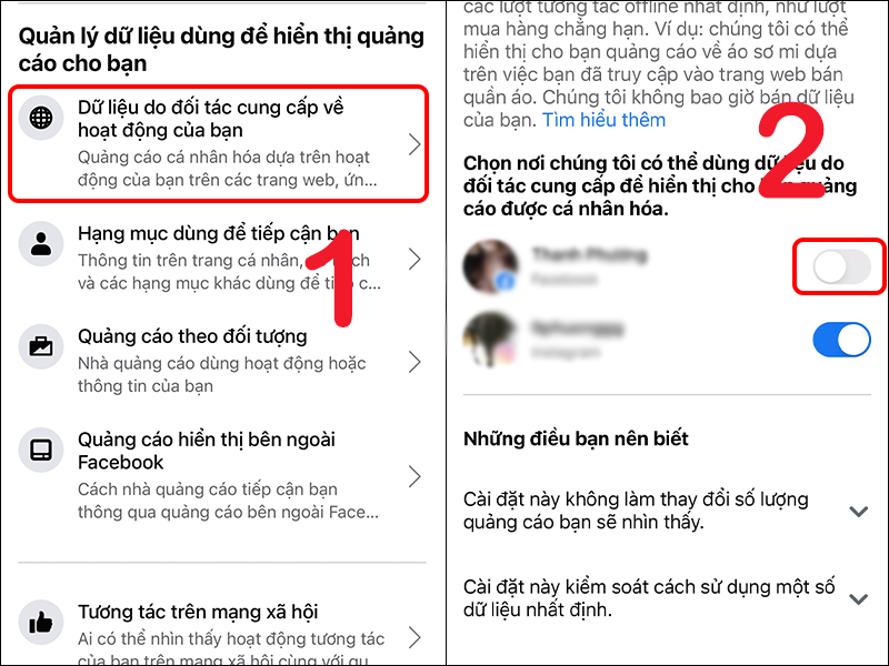 Tắt nơi Facebook có quyền dùng dữ liệu của bạn